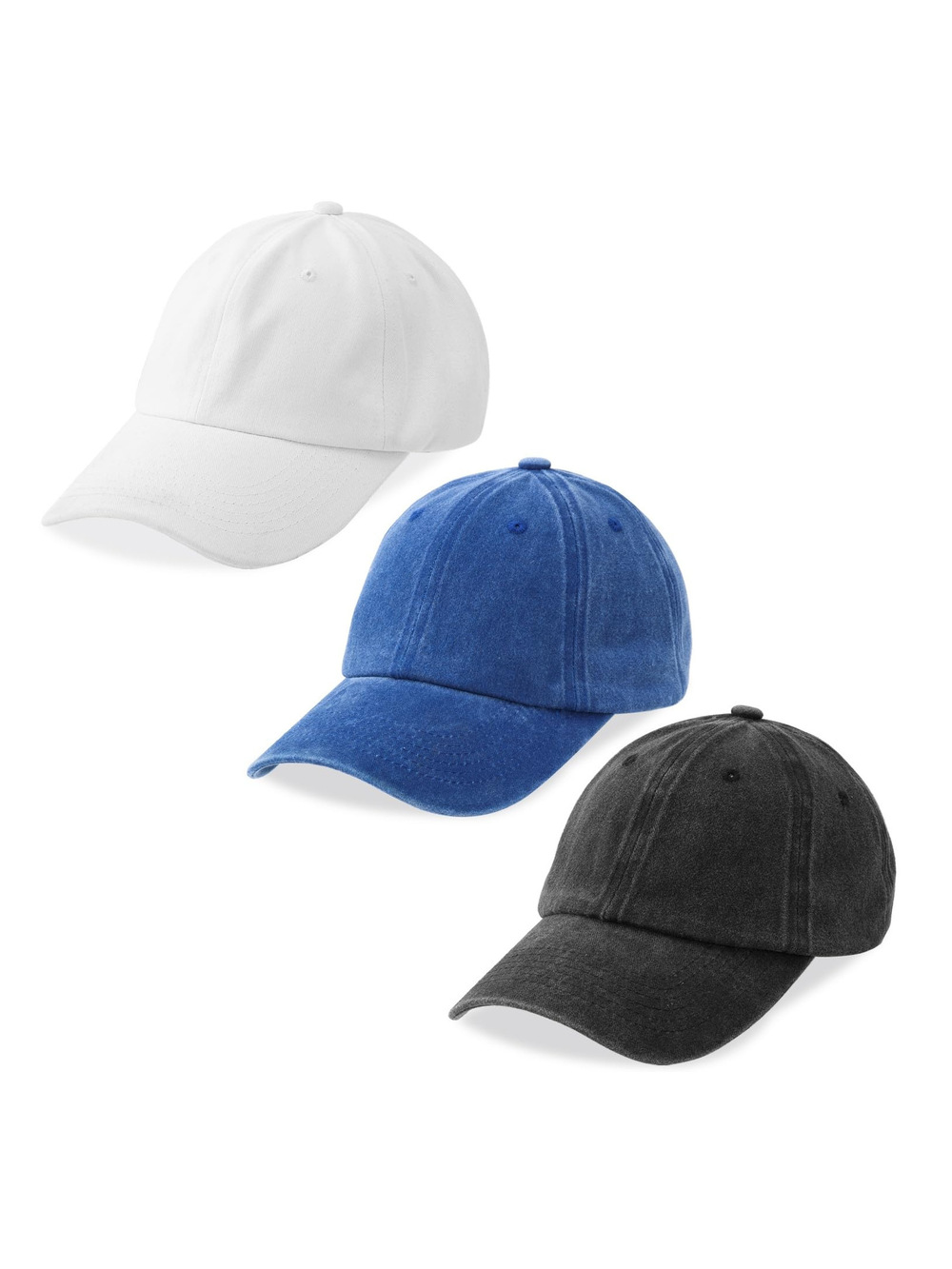 3 Packs Washed-Cotton Plain Baseball Cap | Black, White, Royal Blue | Size OS